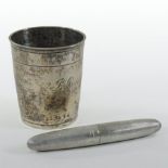 A 19th century continental white metal beaker, of plain tapered shape, inscribed F.