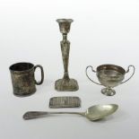 A George III Old English pattern table spoon, together with a silver mug, a silver bowl,