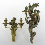 An ornate Rococo style gilt bronze wall sconce, having two scrolled branches, 58cm high,