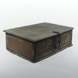 An 18th century oak bible box, with carved decoration,