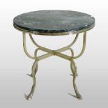 An early 20th century brass marble top occasional table, the circular green veined marble,