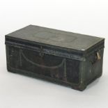 A 19th century leather bound and studded trunk, having a hinged lid and twin carrying handles, 92cm,