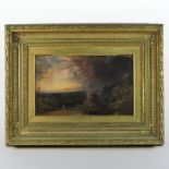 Attributed to Samuel Bough, (1822-1878), sunset over a folly, oil on board, 21 x 34cm,