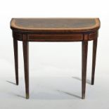 A George III mahogany and satinwood banded folding D shaped card table,