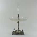 A 19th century silver plated glass centrepiece, having a central glass trumpet,