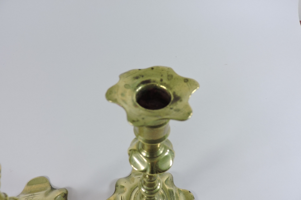 A pair of 18th century brass candlesticks, with petal shaped bases, - Image 6 of 8