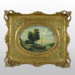 Italian School, river landscape with fishing boats, signed Van De Veldt, oil on board, oval,