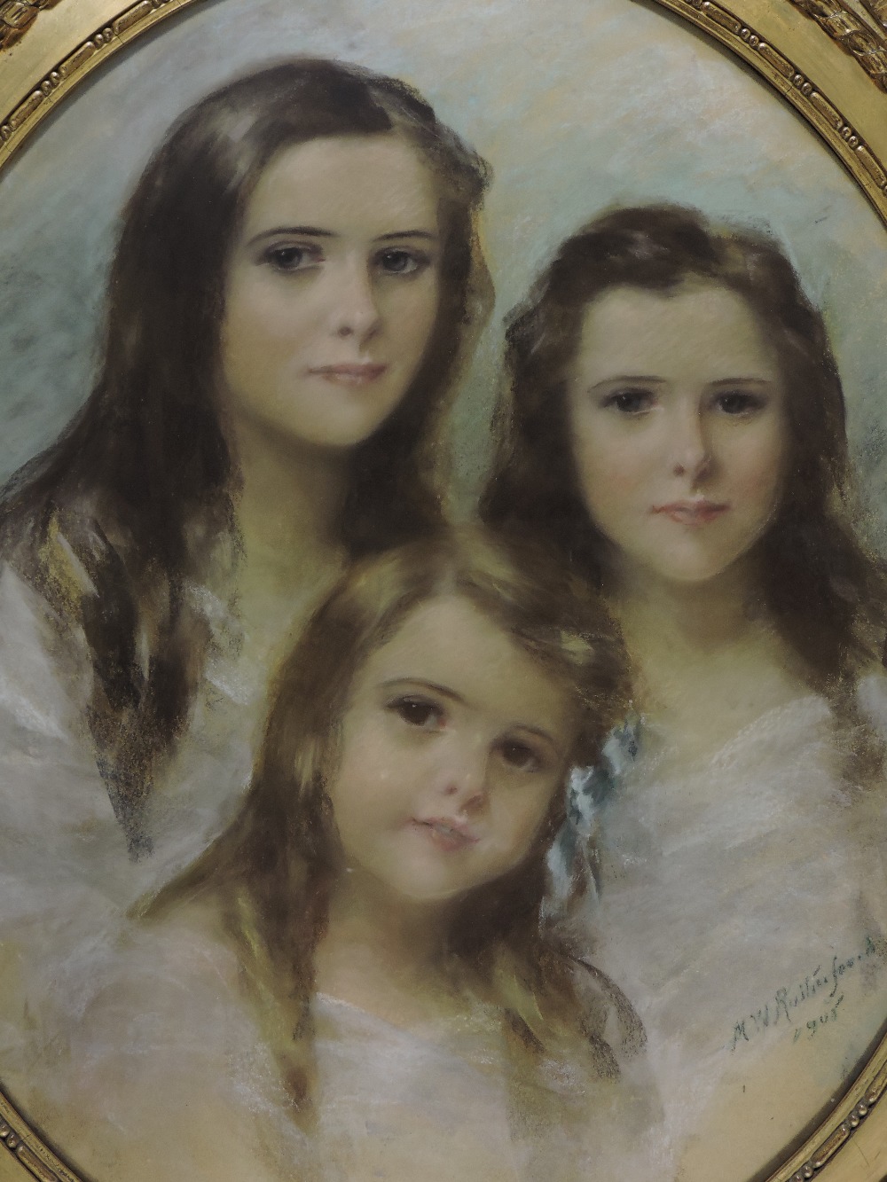M W Rutherford, (early 20th century), portrait of three sisters, chalk on brown paper, - Image 4 of 6