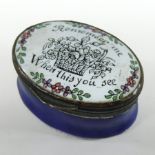 An 18th century South Staffordshire enamel patch box, of hinged oval shape,