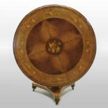 A 19th century style walnut and floral marquetry circular dining table,