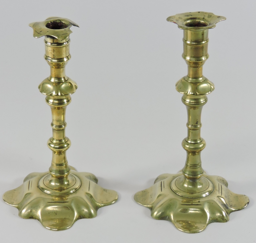 A pair of 18th century brass candlesticks, with petal shaped bases, - Image 4 of 8