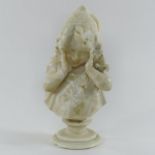 A continental carved white marble portrait bust of a young girl, on a socle base,