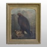 British school, (19th century), a golden eagle with a rabbit, perched on a rock, oil on canvas,