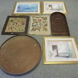 A copper tray, 80cm, together with a bagatelle board,