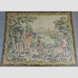 A tapestry panel, depicting a continental scene with figures before a chateau,