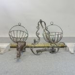 Two brass curtain poles, largest 208cm, together with two metal lanterns,
