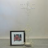 A white painted metal coat stand, together with a limited edition print,