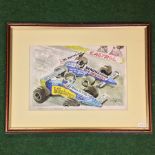 Michael Schumacher and Damon Hill cartoon, signed print,