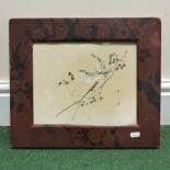 A 19th century Japanese print of birds, in a lacquered frame,