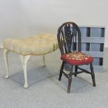 A cream painted and upholstered dressing stool, together with a grey painted shelf,