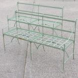 A pair of French grey painted metal garden benches,