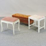 A white painted stool, together with another and a red button upholstered stool,