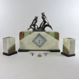 An Art Deco marble clock garniture,