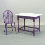 A purple painted marble top side table, 91cm,