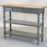 An oak and grey painted side table, containing a pair of short drawers,