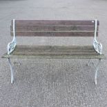 A white painted metal and wooden slatted garden bench,