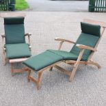 A pair of teak garden steamer chairs,