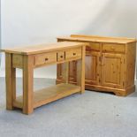 A modern light oak side table, together with a pine sideboard,