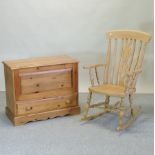 A beech rocking chair, together with a pine mule chest,