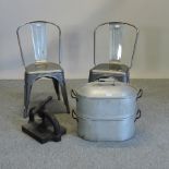 A pair of metal chairs, together with a galvanised steamer pot, 54cm diameter,