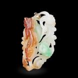 A CHINESE TRI-COLOUR JADEITE 'FROG, GOLDFISH AND LOTUS' PENDANT