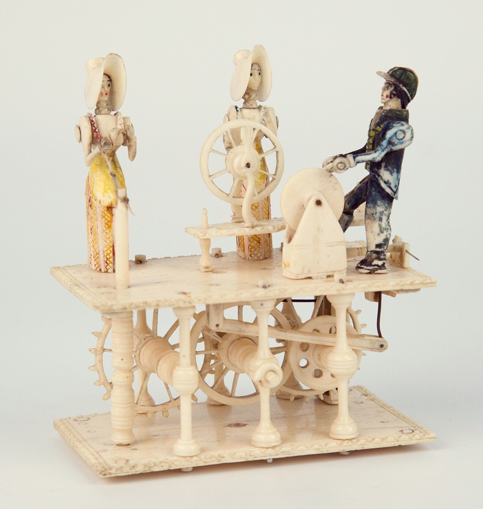 An early 19th century Napoleonic Prisoner of War spinning jenny bone automaton, French, with two