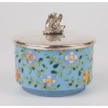 An early 19th century Bohemian blue glass pot, with painted floral decoration, gilt metal rim,