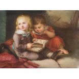 19th century hand painted porcelain plaque, depicting two children holding a sketchbook, 5½ x 4 ¼