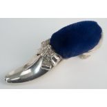 A Victorian silver novelty shoe form pin cushion, Birmingham 1896, with three letter maker's mark,