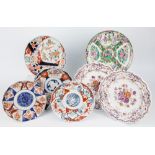 A Chinese Canton plate, two 'Emerald Flowers' plates and four Imari plates, largest 10¼ in.