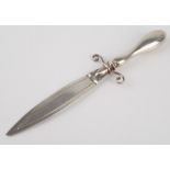 A novelty silver bookmark, modelled in the form of a dagger, ovoid waisted handle, scroll guards,