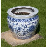 A blue and white jardiniere, of ovoid form with flattened rim and Greek key design border, with