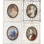 Four portrait miniatures in 'piano key ivory' frames, one depicting a maiden holding the lead of a