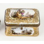 A Meissen style porcelain patch box, 19th century, rectangular form, domed hinged lid with Watteau-