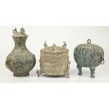 Three archaic style Chinese vessels with verdi gris patination, possible shipwreck finds, tallest