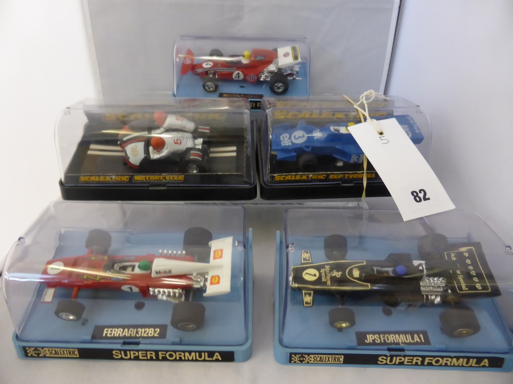 A collection of five boxed vintage Scalextric carsconsisting - 1982 motorcycle combination C281,