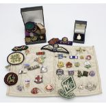 A collection of cloth and pin badges, some military, some first half 20th century, including a WVS