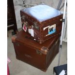 A leather bound travelling trunk, 1930s-40s, cube form, leather handle P & O Oriental lines