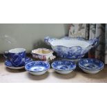 A Minton 'Sicilian' blue and white transfer ware tureen base, 16in. (40.75cm.) long; together with