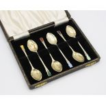 A cased set of six Art Deco style guilloche enamelled silver coffee spoons, Deakin & Francis,